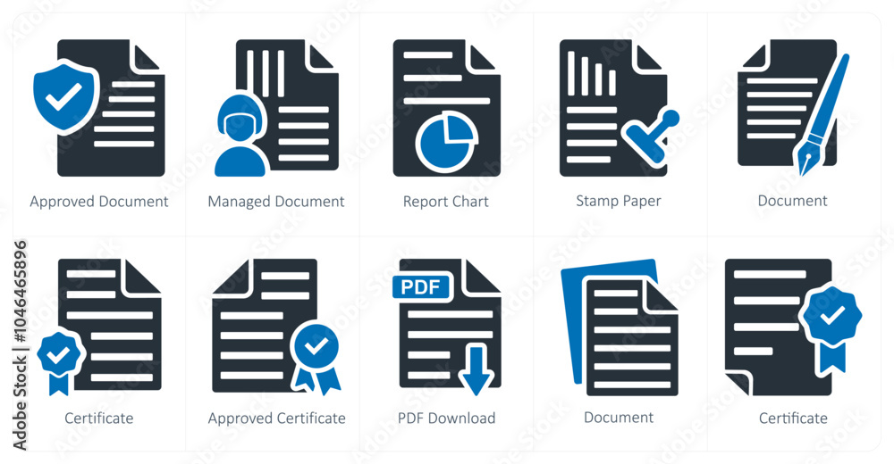 A set of 10 business icons as approved document, managed document, report chart A set of 10 business icons as approved document, managed document, report chart