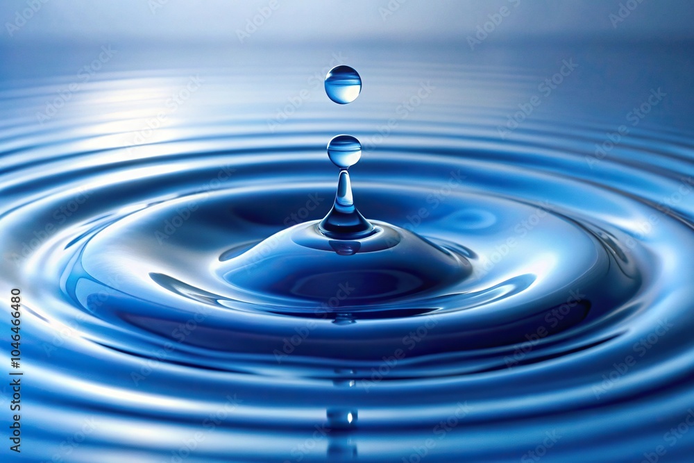 Blue fluid gently forms droplets as it drips onto a smooth, reflective white background, creating subtle ripples and light effects., light effect, ripple pattern, soft light Blue fluid gently forms droplets as it drips onto a smooth, reflective white background, creating subtle ripples and light effects., light effect, ripple pattern, soft light