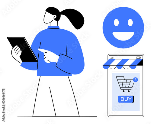 Person holding a tablet, smiling face icon, and a shopping cart on a digital storefront with a buy button. Ideal for e-commerce, digital retail, user experience, online shopping, mobile apps. Simple