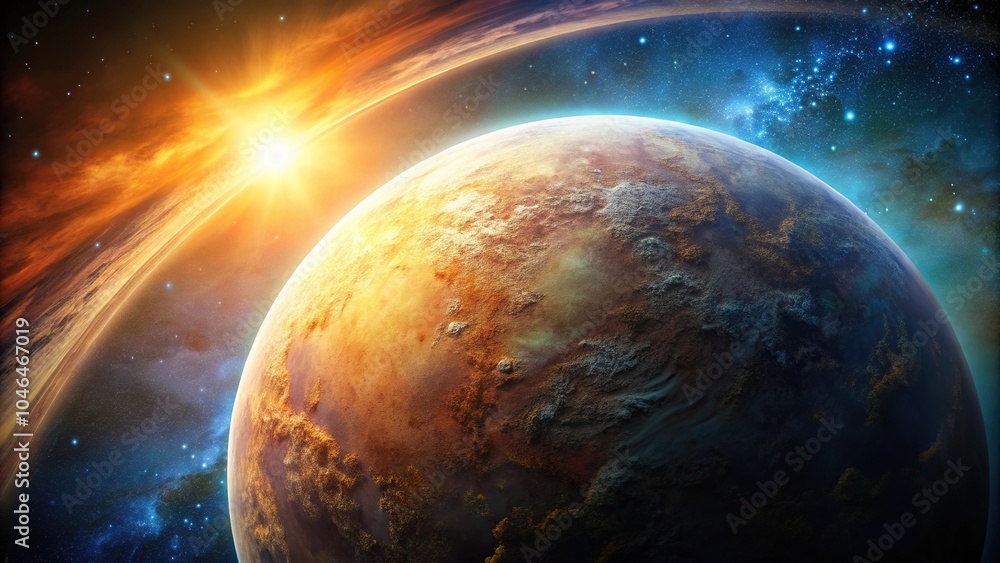 Fototapeta premium Astronomical view of a distant planet with a thick atmosphere, spaceship, universe, planetary geology, atmosphere