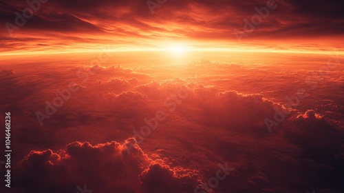 A fiery sunset over a sea of clouds.