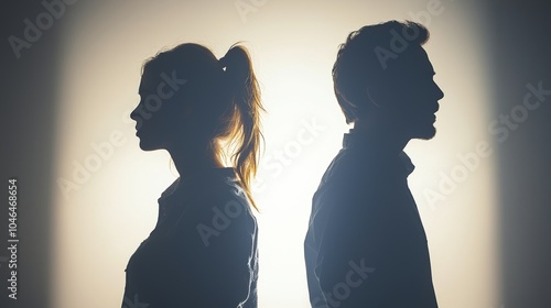 Upset couple's silhouettes in profile, facing opposite directions, dim lighting, stark white background, symbolic of relationship breakdown, somber mood