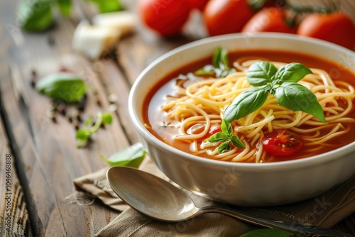 Noodles in tomato soup bowl on wood table