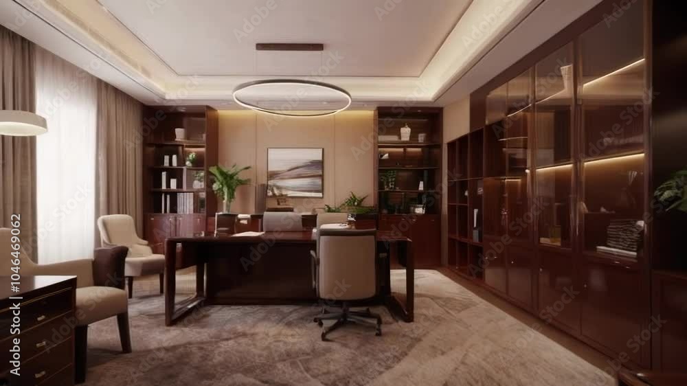 A modern, elegant office space featuring refined furniture, warm lighting, and greenery, creating a productive and comfortable atmosphere. A modern, elegant office space featuring refined furniture, warm lighting, and greenery, creating a productive and comfortable atmosphere.