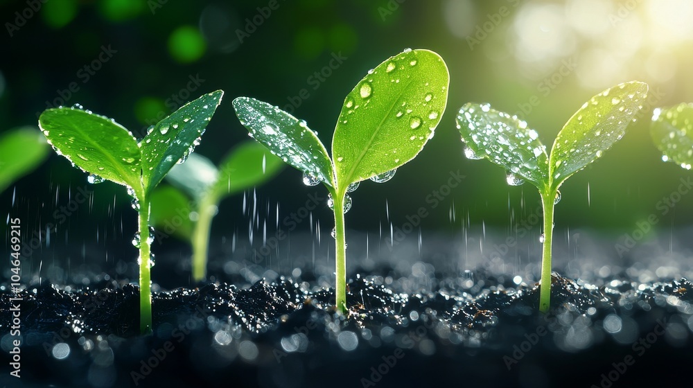 Vibrant green seedlings sprouting from rich, dark soil, with dew droplets shimmering under soft morning sunlight, blurred forest background Vibrant green seedlings sprouting from rich, dark soil, with dew droplets shimmering under soft morning sunlight, blurred forest background