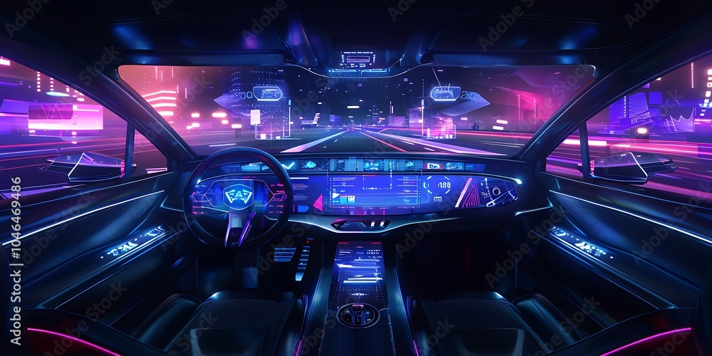 View of a futuristic car dashboard concept with hologram screens and infotainment system View of a futuristic car dashboard concept with hologram screens and infotainment system