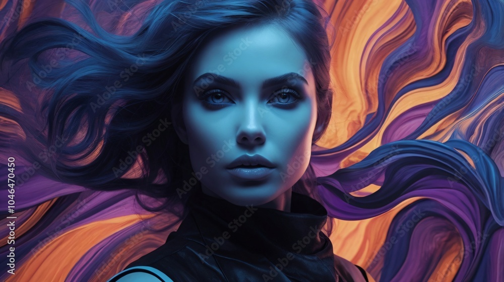Elegant Woman in Dynamic Swirls of Blue, Purple, and Orange Elegant Woman in Dynamic Swirls of Blue, Purple, and Orange