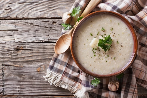 Overhead shot of Jerusalem artichoke soup photo