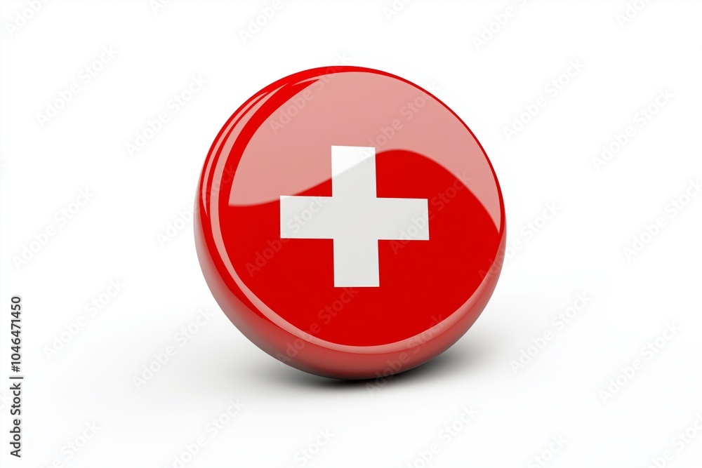 Red circular icon with a white cross symbol, shiny surface reflecting light, minimal and bold Red circular icon with a white cross symbol, shiny surface reflecting light, minimal and bold