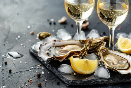 Oysters with ice and lemon white wine on stone table Half dozen photo