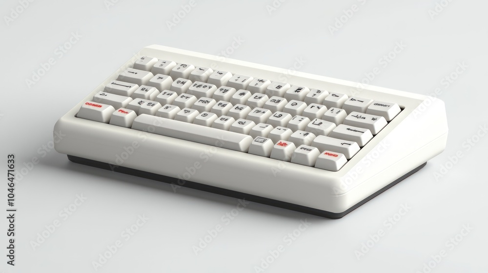A white computer keyboard with red keys on a white background. A white computer keyboard with red keys on a white background.