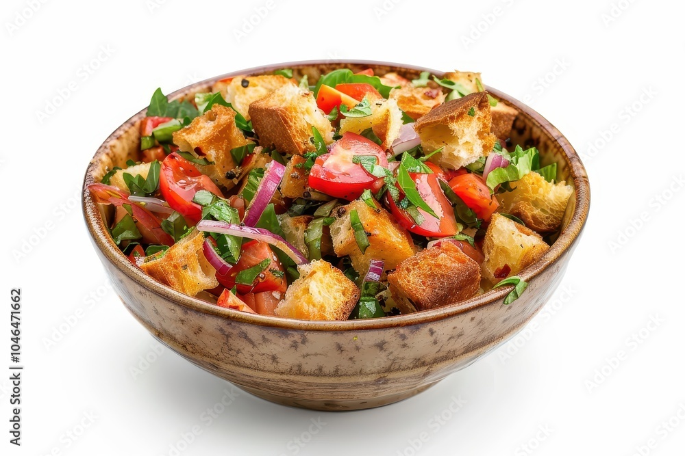 Panzanella salad in white bowl