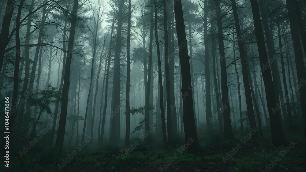 Obraz premium Mysterious Dark Forest with Fog and Shadows