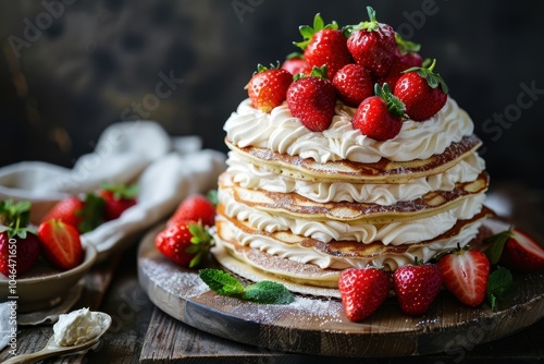 Pancakes with mascarpone and strawberries on dark rustic background