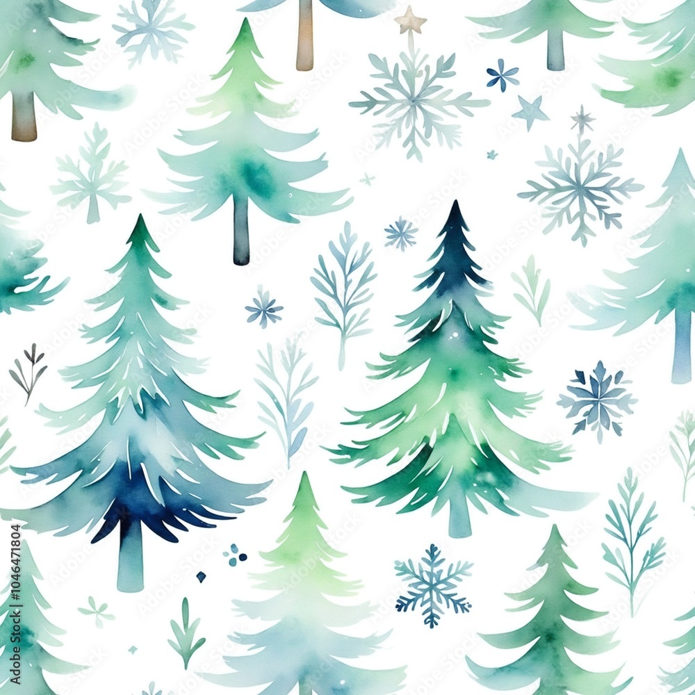 Delicate watercolor Christmas trees with subtle snowflakes on a soft pastel background, minimal design, light color palette, seamless pattern Delicate watercolor Christmas trees with subtle snowflakes on a soft pastel background, minimal design, light color palette, seamless pattern