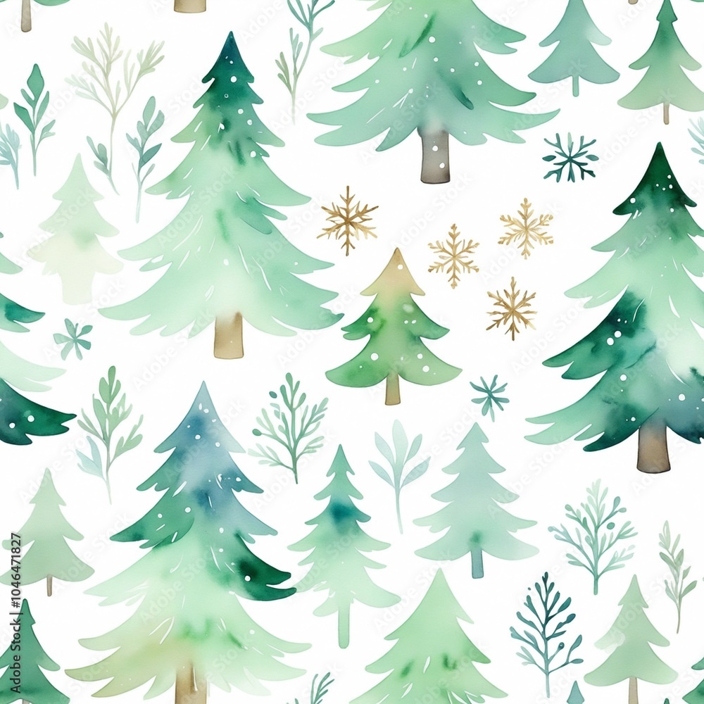 Obraz premium Delicate watercolor Christmas trees with subtle snowflakes on a soft pastel background, minimal design, light color palette, seamless pattern