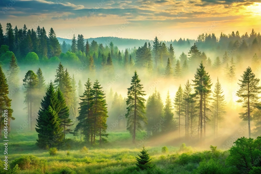 Obraz premium A serene forest landscape at dawn with a misty green background and tall trees in the foreground, outdoors, fauna, natural world, peaceful