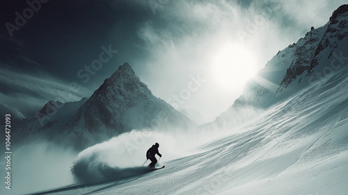 Snowboarder glides through fresh powder on a mountainside at sunrise in winter wonderland photo