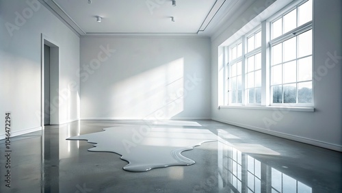 A puddle of clear drippy goo forms on the floor amidst an empty white room creating a mesmerizing visual, minimalist decor, dripping slime photo