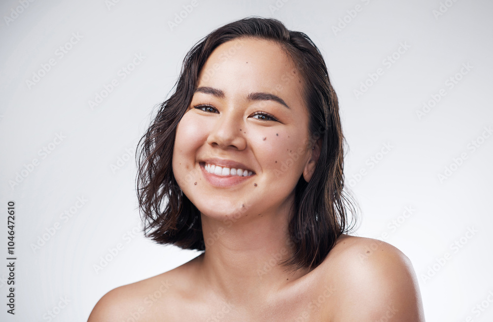 Happy, portrait and asian woman with natural beauty for hygiene or spa treatment on a white studio background. Young beautician, female person or gen z model with smile for hair or fresh skin in Asia Happy, portrait and asian woman with natural beauty for hygiene or spa treatment on a white studio background. Young beautician, female person or gen z model with smile for hair or fresh skin in Asia