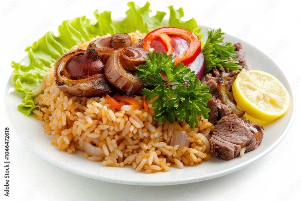 Peruvian dish duck with rice onion lemon lettuce White backdrop Peruvian dish duck with rice onion lemon lettuce White backdrop