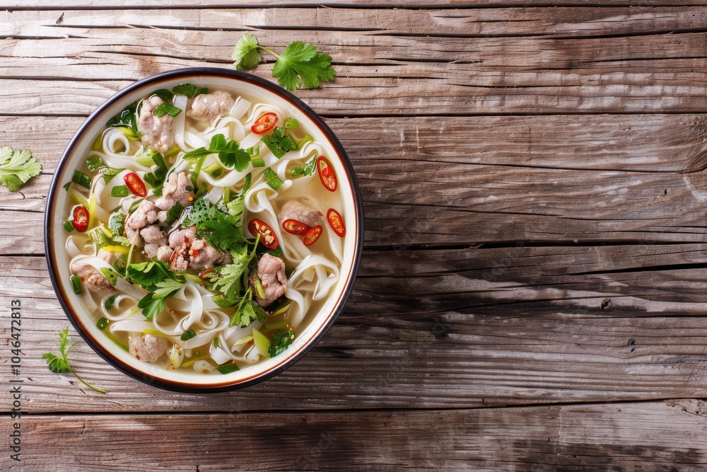 Pho Vietnam Noodle Soup Featured on Rustic Wood Visual for Food Promotion Pho Vietnam Noodle Soup Featured on Rustic Wood Visual for Food Promotion