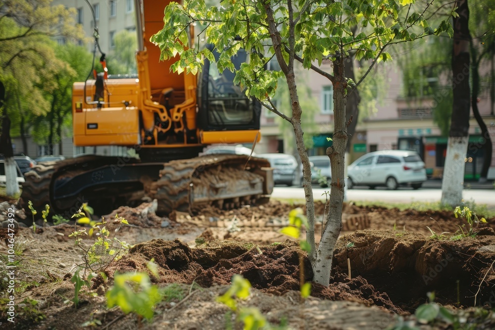 Planting a tree in an old park using a crane truck on a sunny spring day Planting a tree in an old park using a crane truck on a sunny spring day