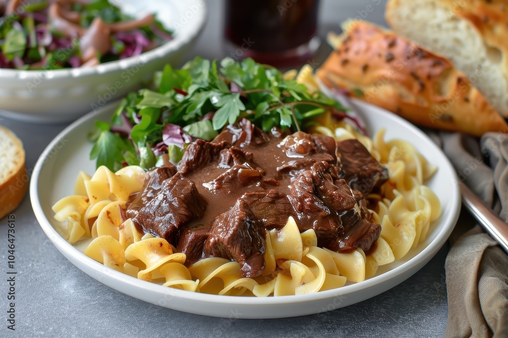 Plate of beef burgundy with egg noodles tossed green salad and baked bread bowl of beef burgundy in background Plate of beef burgundy with egg noodles tossed green salad and baked bread bowl of beef burgundy in background