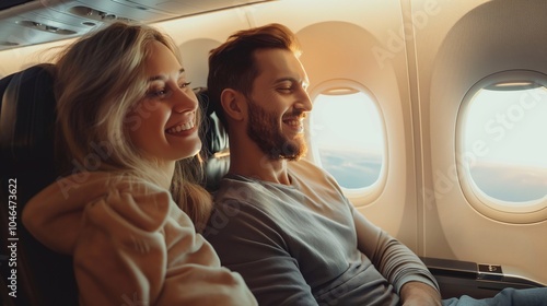 A happy young couple seated by the airplane window, enjoying their flight looking forward to their vacation. The excited flight travel, romantic getaway, holiday trips together, Smiling man and woman