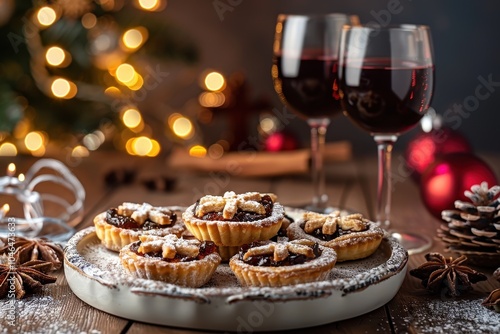 Plate of mince tarts with sherry and Christmas decorations in background photo