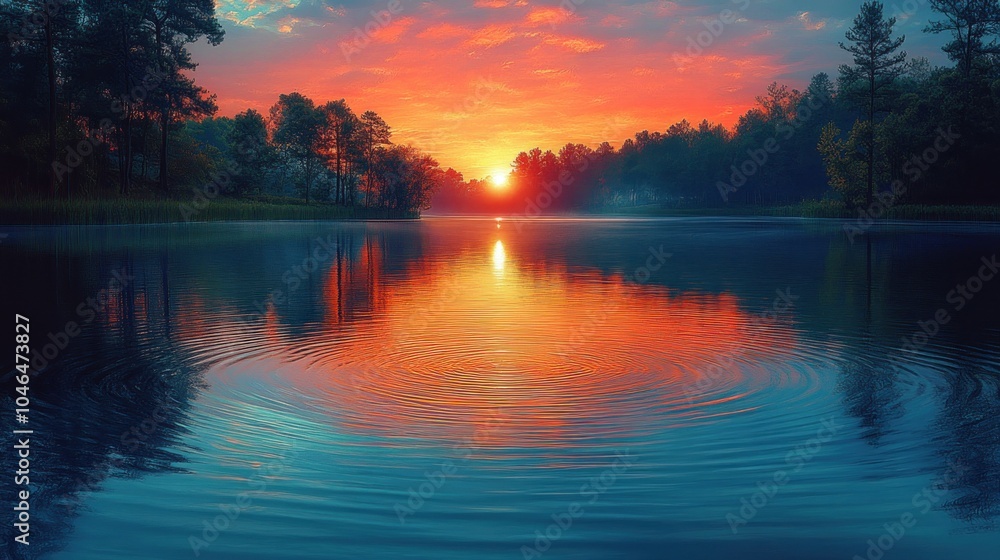 Serene sunset reflecting on a calm lake surrounded by trees. Serene sunset reflecting on a calm lake surrounded by trees.