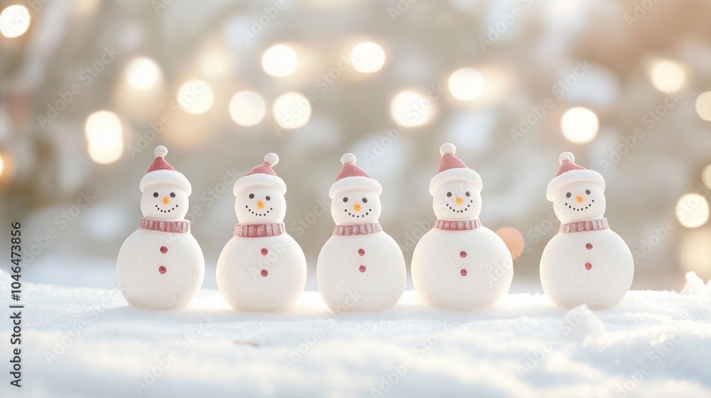 a row of five Christmas decorated snowmen stands on a snowy surface on a blurred background of a winter landscape, copy space on the backdrop . Merry Christmas and Happy New Year holiday banner