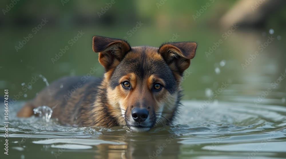 The dog swims in the water. The dog's gaze into the frame. A dog bathes in a pond. The dog swims in the water. The dog's gaze into the frame. A dog bathes in a pond.