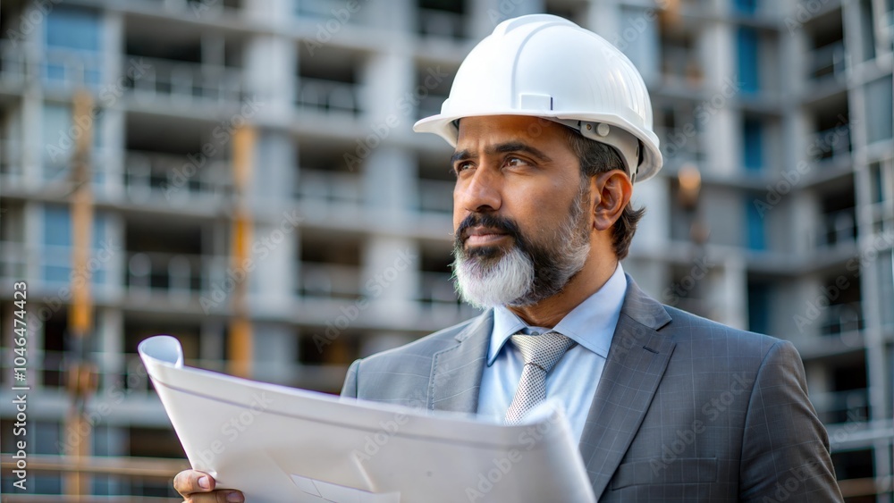 An Indian real estate developer overseeing progress at a construction site, reviewing blueprints.
An Indian real estate developer overseeing progress at a construction site, reviewing blueprints.