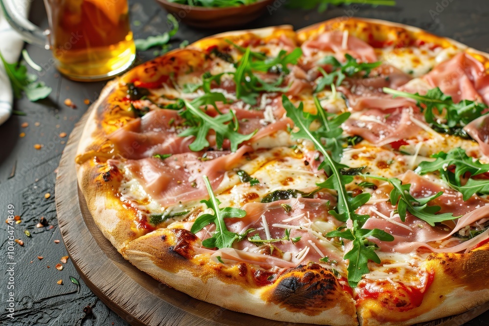Prosciutto and arugula pizza with Parmesan mozzarella and beer Prosciutto and arugula pizza with Parmesan mozzarella and beer