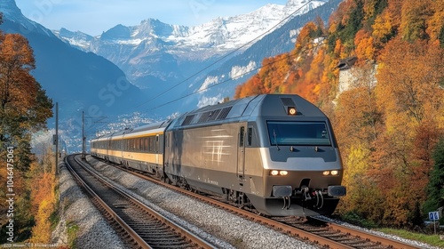 A train travels through a scenic autumn landscape with mountains in the background.