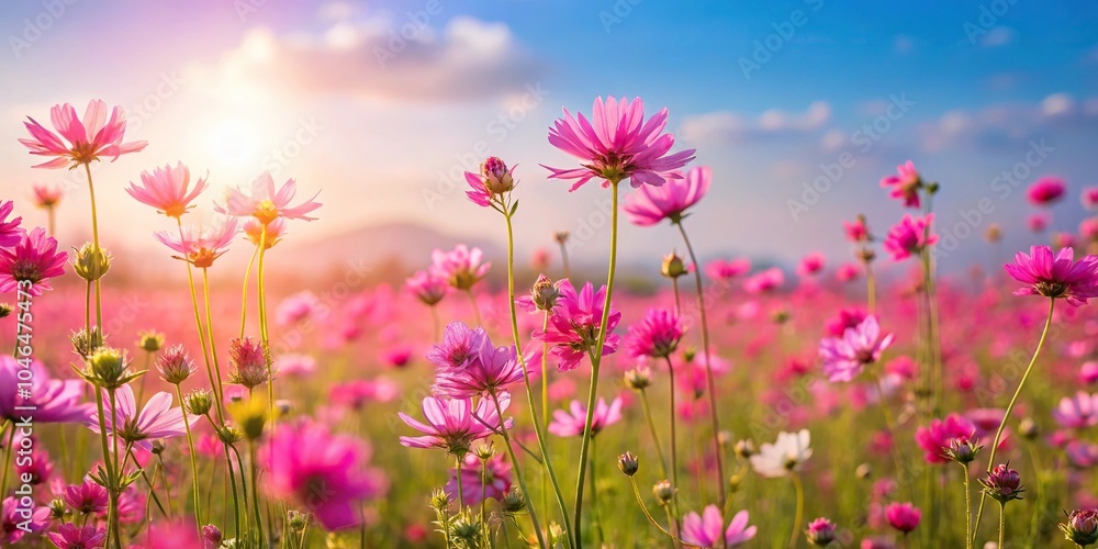 A field of vibrant pink wildflowers swaying gently in the breeze on a sunny day, blossoms, wildflowers, floral, fields of flowers A field of vibrant pink wildflowers swaying gently in the breeze on a sunny day, blossoms, wildflowers, floral, fields of flowers