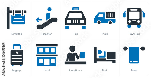 A set of 10 travel and vacation icons as direction, escalator, taxi