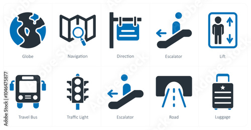 A set of 10 travel and vacation icons as globe, navigation, direction
