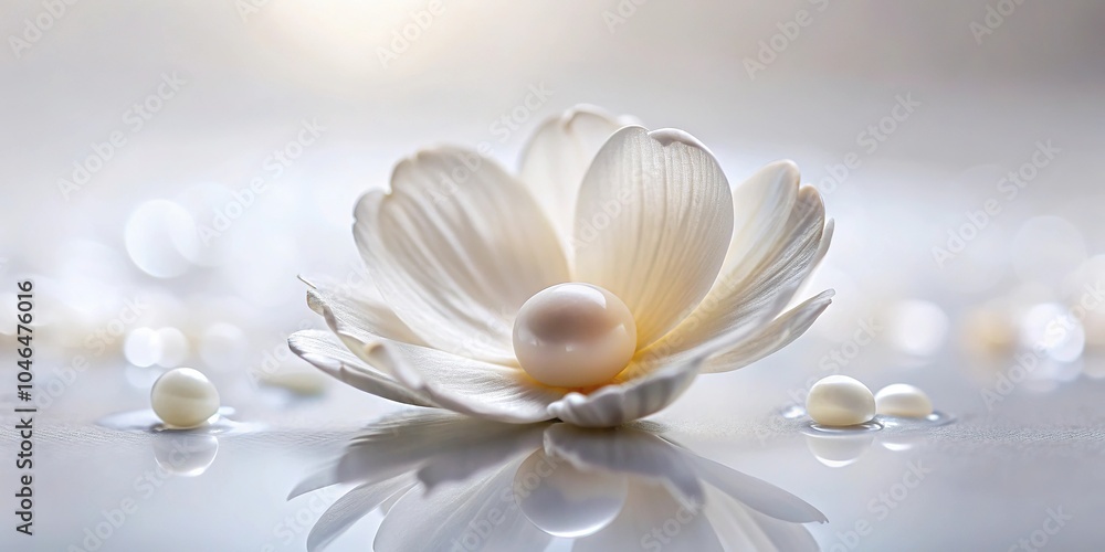 A delicate white flower with a single dripping pearl, refined, delicate petal, flower, elegant, natural A delicate white flower with a single dripping pearl, refined, delicate petal, flower, elegant, natural