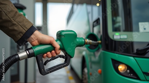 A man fuels a green bus with a fuel pistol. Gas station. Tourist bus at a gas station.