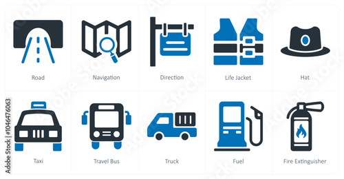 A set of 10 travel and vacation icons as road, navigation, direction