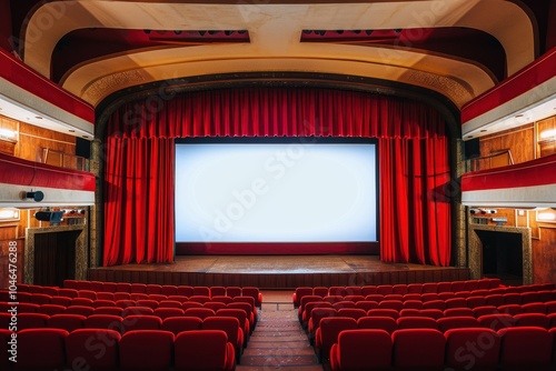 Red seated theater hall with large white screen photo