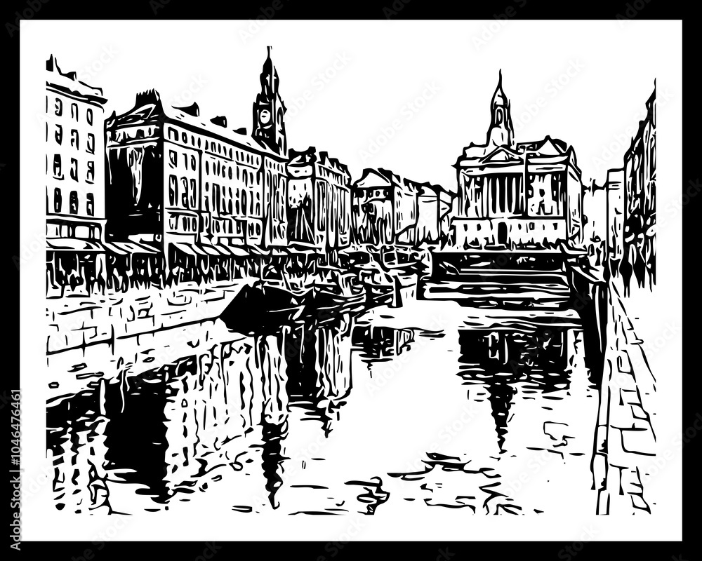 Fototapeta premium City Architecture. Black and white line art. Pattern to print for wall decorations
