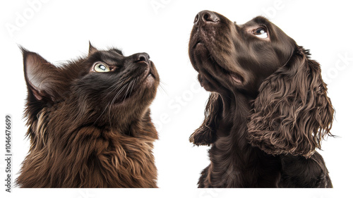 Contrast between a curious cat and an attentive dog showcasing their unique expressions and features side by side.