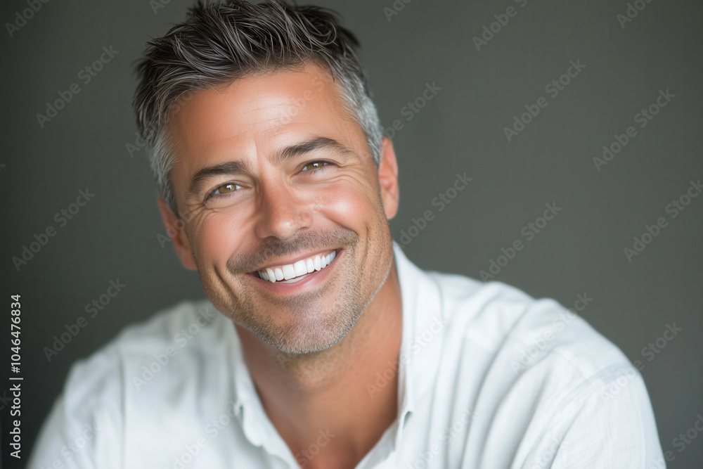 Happy middle-aged man smiling in casual white shirt AI generated Happy middle-aged man smiling in casual white shirt AI generated