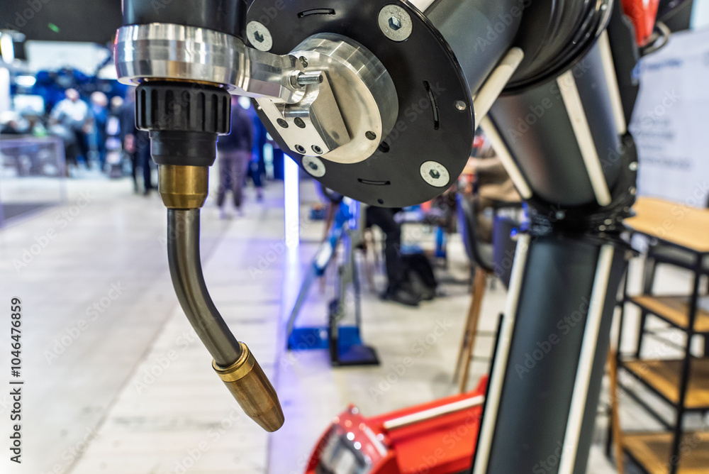 Obraz premium Robot welding steel. Industrial welding robot and working with metal parts. Robot welds steel. Welding head. Welding robot. CNC welding. Robotization and automation of the welding process.