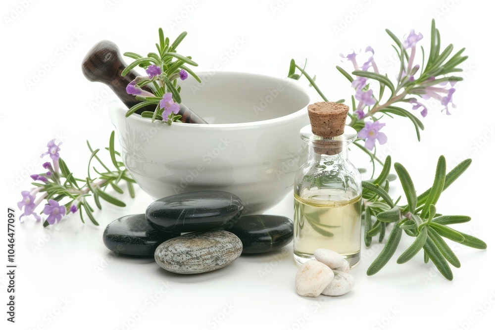 Rosemary sprigs in mortar with pestle spa stones essential oil bottle Rosemary sprigs in mortar with pestle spa stones essential oil bottle