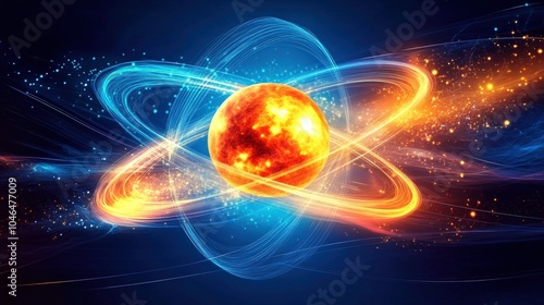 An abstract representation of an atom with a fiery nucleus and glowing electron shells.