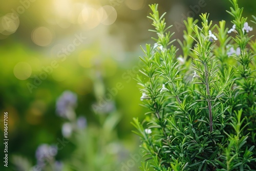 Rosemary blooming in herb garden with blurred background